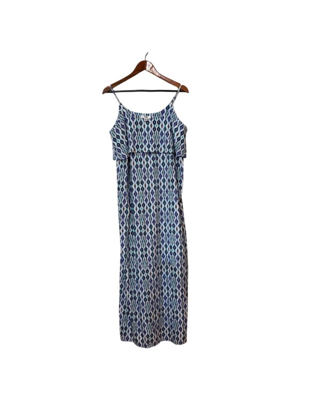 Motherhood Maternity Maxi Dress Blue Aztec Print Ruffle Top Spaghetti Straps L